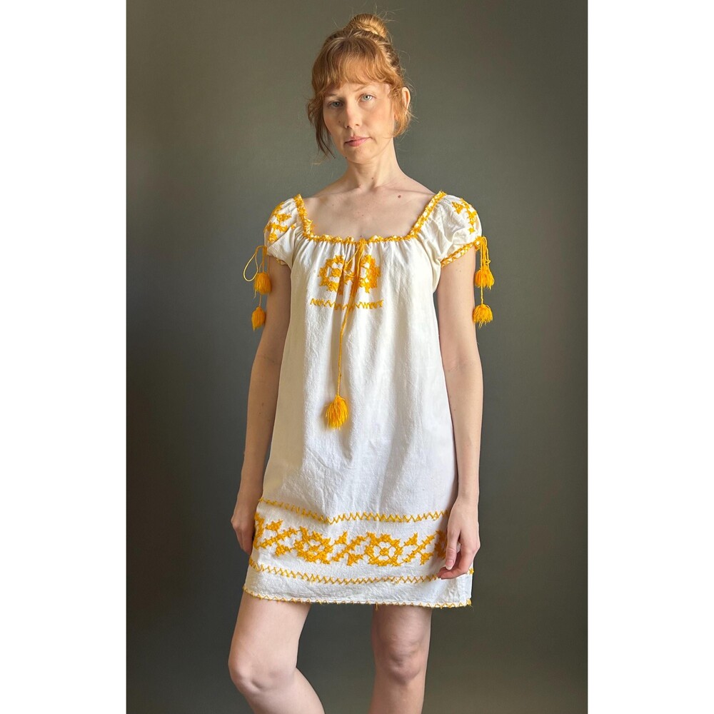Vintage 1970s Marigold Embroidered Cotton Mini Dress, Small Medium Large